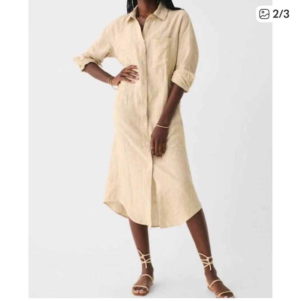 Faherty Beige Button-Front Linen Shirt Midi Dress